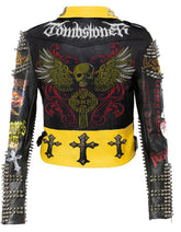 Biker's Silver Spiked Studded, Women's Club Wear Gothic Jacket, Cannibal Corpse Handmade Leather Outfit, Tombstone Patches Brando Jacket,